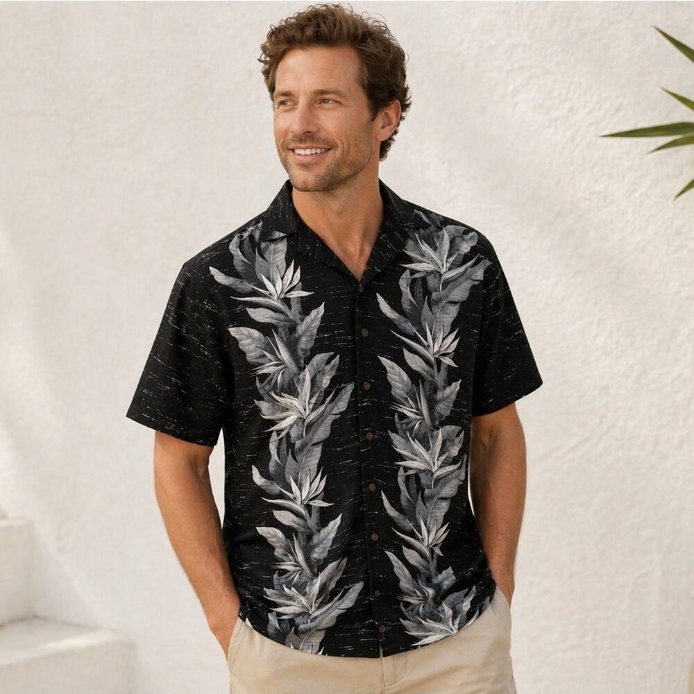 Mens Black White Tropical Rayon Button Down Shirt Small 34/36 NWT